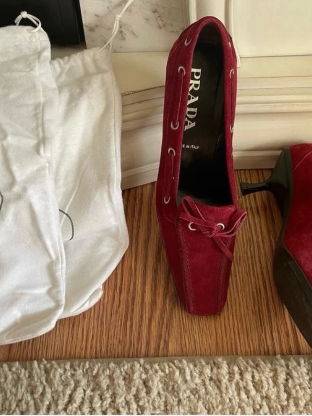 Prada Burgundy Suede Square Toe Pump with Bow Detail
